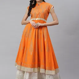 MBE Women Orange & Golden Pure Cotton Ethnic Motifs Printed Block Print Kurta-image-4
