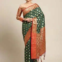 Mitera Green & Gold-Toned Ethnic Motif Woven Design Silk Blend Banarasi Saree-image-46