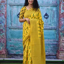 TROPWEAR Ethnic Motifs Block Printed Mulmul Cotton Saree-image-90
