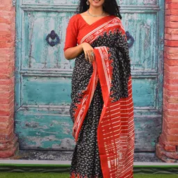 TROPWEAR Geometric Block Printed Mulmul Cotton Saree-2
