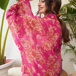 SASSAFRAS Pink Floral Printed Front Open Kimono Shrug-84