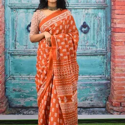 TROPWEAR Ajrak Block Mulmul Cotton Block Print Saree-3