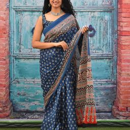 TROPWEAR Ethnic Motifs Block Printed Mulmul Cotton Saree-picture-18