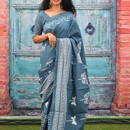 TROPWEAR Ethnic Motifs Block Printed Mulmul Cotton Saree-22