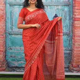 TROPWEAR Polka Dot Printed Pure Cotton Block Print Saree-28