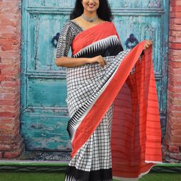 TROPWEAR Geometric Mulmul Cotton Block Print Saree-image-88