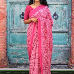 TROPWEAR Floral Printed Mulmul Cotton Block Print Saree-image-33