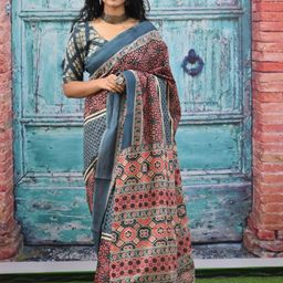 TROPWEAR Ajrak Mulmul Cotton Block Print Saree-39