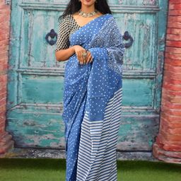 TROPWEAR Polka Dot Mulmul Cotton Block Print Saree-28
