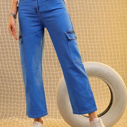 Freehand by The Indian Garage Co Women Blue Flared Clean Look Cargo Jeans-image-96