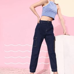 Mast & Harbour Women Navy Blue High-Rise Stretchable Hipster Cargoes Jogger Jeans-image-50