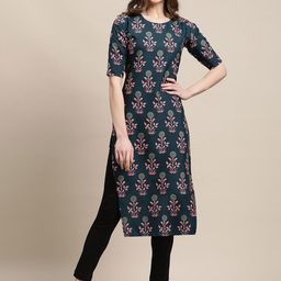 7Threads Women Multicoloured Ethnic Motifs Printed Chikankari Block Print Crepe Kurta-image-91