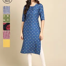 7Threads Women Multicoloured Pack of 6 Digital Printed Straight Kurt Crepe Kurta-picture-14