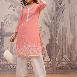 Vishudh Peach Coloured Floral Embroidered V-Neck Straight Kurta-image-21