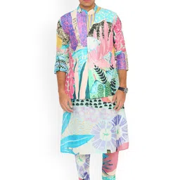 PS MEN BY PAYAL SINGHAL Abstract Mandarin Collar Chikankari Straight Kurta With Churidar-image-59
