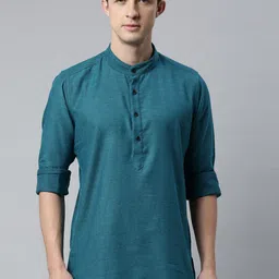 Cross Court Geometric Woven Design Mandarin Collar Cotton Short Straight Kurta-image-93