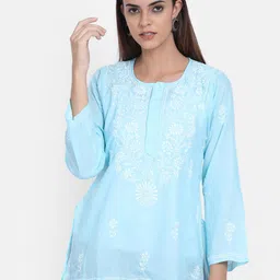 PARAMOUNT CHIKAN Sea Green Floral Embroidered Chikankari Chikankari Kurti-picture-52
