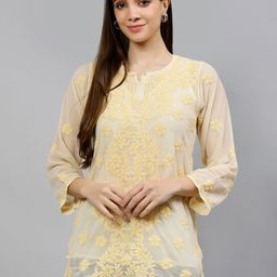 Seva Chikan Floral Embroidered Chikankari Straight Kurti With Inner-image-86