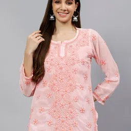 Seva Chikan Floral Embroidered Chikankari Kurti With Inner-image-23