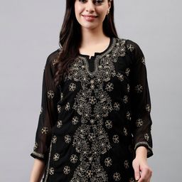 Seva Chikan Floral Embroidered Georgette Lucknowi Chikankari Straight Kurti-image-86