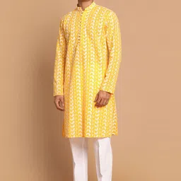 VASTRAMAY Men Orange Ethnic Motifs Printed Angrakha Chikankari Pure Cotton Kurta with Pyjamas-picture-26