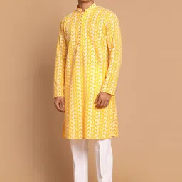 VASTRAMAY Men Orange Paisley Embroidered Chikankari Pure Cotton Kurta with Trousers-image-61