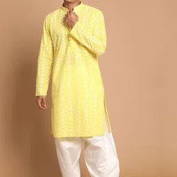 VASTRAMAY Men Yellow Ethnic Motifs Embroidered Chikankari Pure Cotton Kurta with Patiala-picture-22