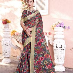 Anouk Red & Green Floral Printed Zari Saree-5