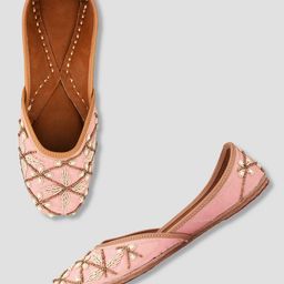 DESI COLOUR Women Peach-Coloured Embellished Leather Ethnic Mojaris Flats-18
