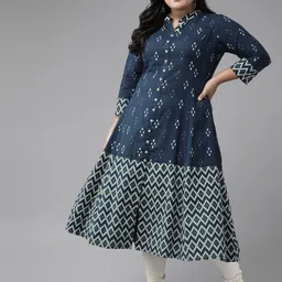 KALINI Plus Size Geometric Printed Mandarin Collar Cotton Anarkali Kurta-4