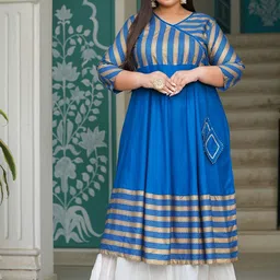 KALINI Plus Size Striped V-Neck Angrakha Kurta-image-95