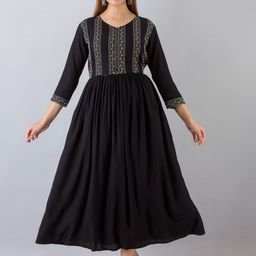 NISHABD Geometric Embroidered Gathered Detailed Fit & Flare Midi Ethnic Dress-27