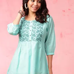 Anouk Blue Floral Embroidered Thread Work Pure Cotton A-Line Kurti-image-33