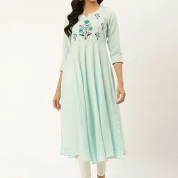 Anouk Turquoise Blue Floral Yoke Design Pure Cotton A-Line Kurta-image-30