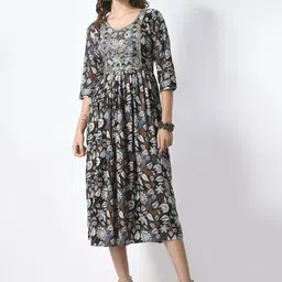 JAHIDA COMFORT WITH STYLE Floral Printed Thread Work Fit and Flare Midi Ethnic Dress-image-59