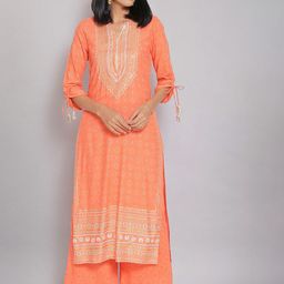 AURELIA Women Orange Geometric Yoke Design Flared Sleeves Anarkali Kurta-image-21