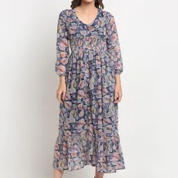 KALINI Floral Printed V-Neck Smocked Maxi Tiered Fit And Flare Dress-image-75