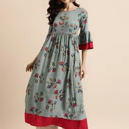 Anouk Teal Blue Floral Printed Bell Sleeves Liva Anarkali Kurta-picture-22