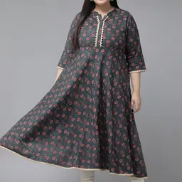 KALINI Plus Size Floral Printed Mandarin Collar Anarkali Kurta-picture-19