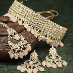 ZENEME Gold-Plated White & Peach-Coloured Kundan-Studded & Pearl Beaded Meenakari Jewellery Set-image-51