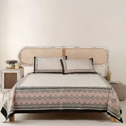 Peepul Tree Beige & Black Floral Cotton 300 TC King Bedsheet With 2 Pillow Covers-image-89