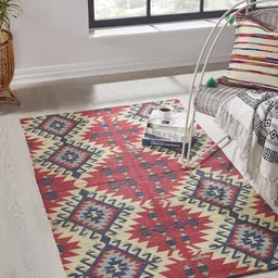 Mona B Red Printed Cotton Anti-Skid Vintage Dhurrie Carpet Rug-4