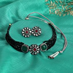 ROHINIKA Gold-Plated Green AD-Studded  Handcrafted Choker Earrings Jewelry Set-image-20