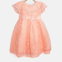 StyleStone Girls Peach-Coloured Embroidered Fit and Flare Dress-image-3