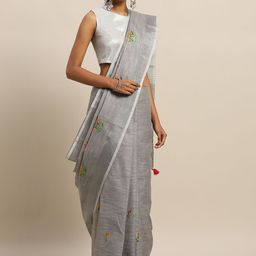 SANGAM PRINTS Grey Linen Blend Embroidered Handloom Kota Saree-image-66