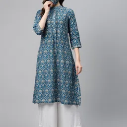 Biba Women Blue & Off-White Printed Pure Cotton Anarkali Kurta & Mask-picture-30