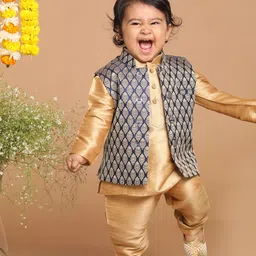VASTRAMAY Infant Boys Gold-Toned & Blue Kurta with Pyjamas & Nehru Jacket-12