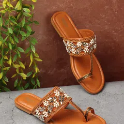 Anouk Floral Embellished Embroidered Open One Toe Flats-47