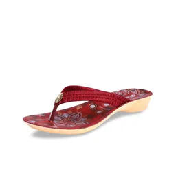 PUNOVEX Women Red & White Printed Casual Thong Style Open Toe Flats with Embellishment-0