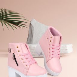 TWIN TOES Pink & White Platform Heeled Boots with Laser Cuts-79
